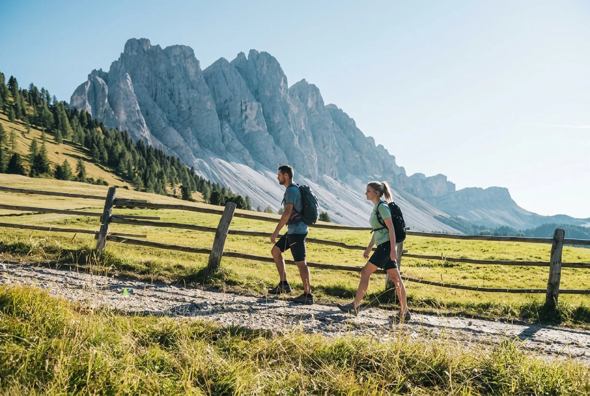 Wanderer vor den Geislerspitzen